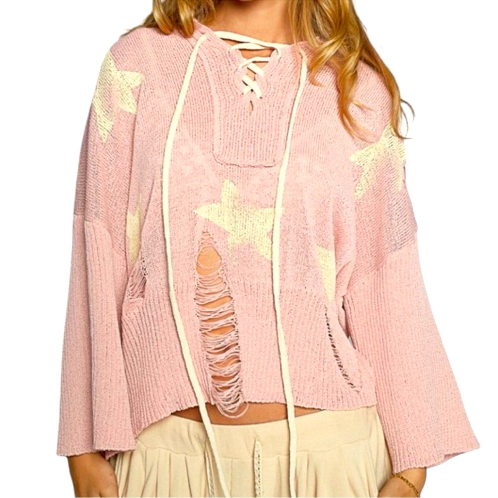 POL Light Pink Star Pattern Distressed Hoodie Sweater Size Medium